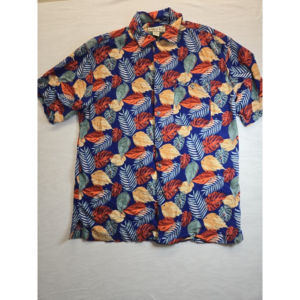Caribbean Blues Aloha Shirt Mens L Rayon Button Up SS Blue Vintage Floral